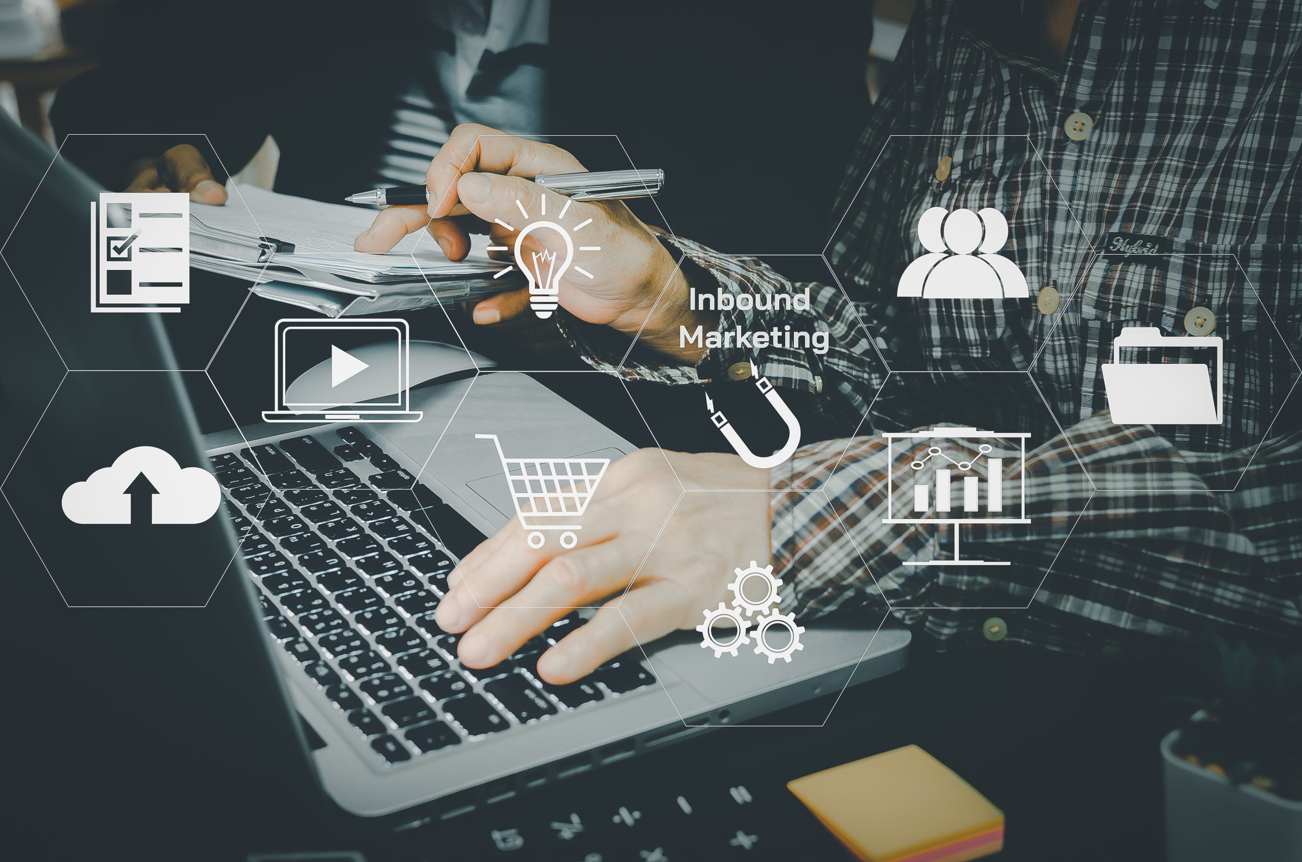 woman typing on laptop to Inbound marketing virtual screen investment analysis for future technology concepts.