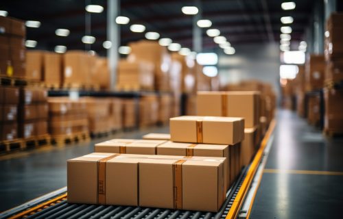 Boxes in mega store industrial with generative Ai.